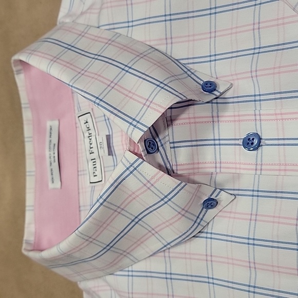 Paul Fredrick Size 20 White Short Sleeve Buttondown with Blue & Pink Plaid - Picture 9 of 9